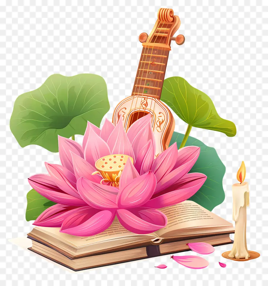 Saraswathi Puja，Guitare Et Lotus PNG