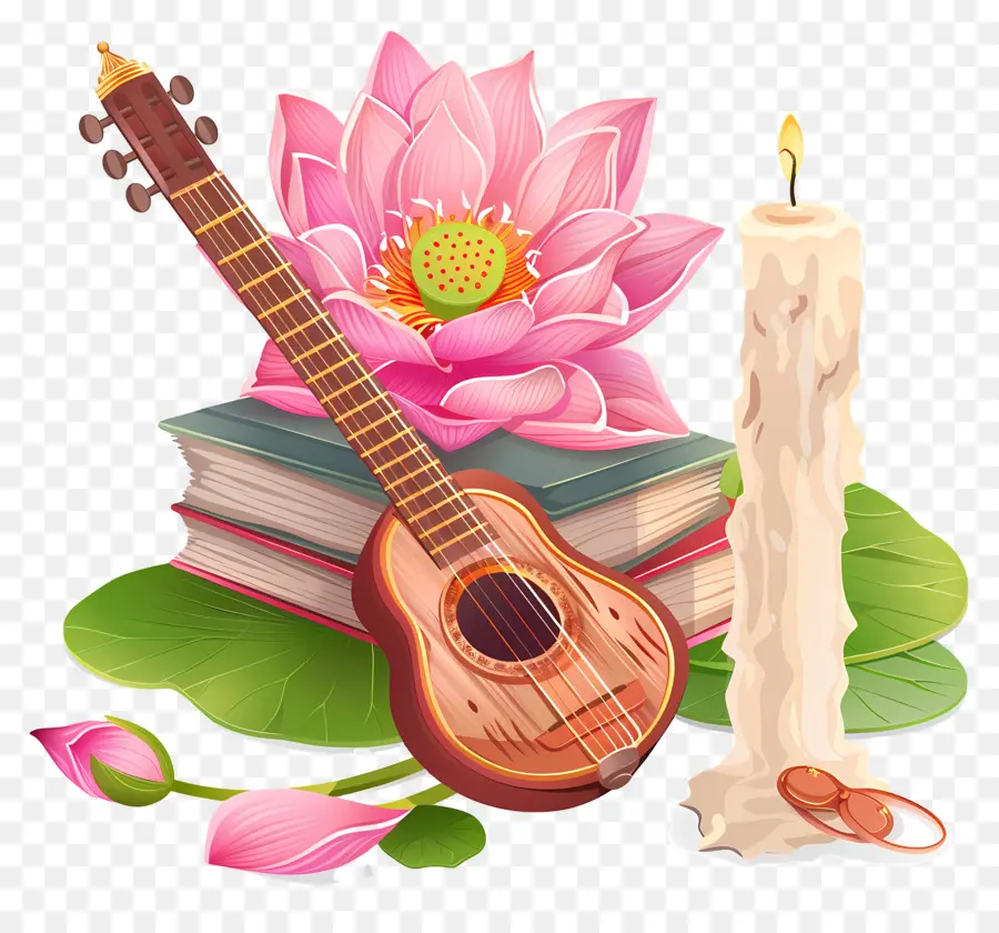 Saraswathi Puja，Guitare Et Lotus PNG