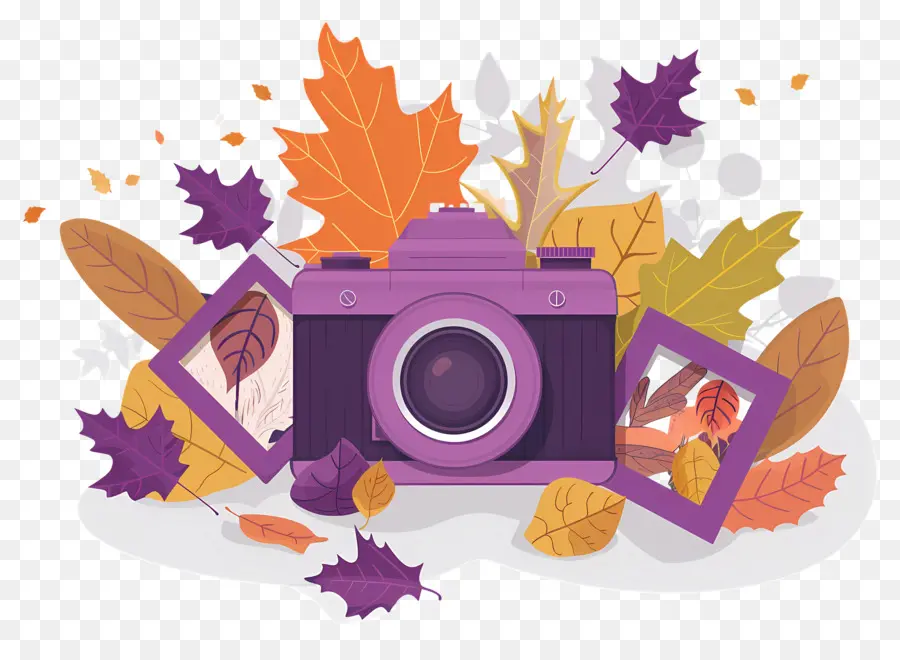 Caméra De Dessin Animé，Appareil Photo Violet Avec Des Feuilles PNG