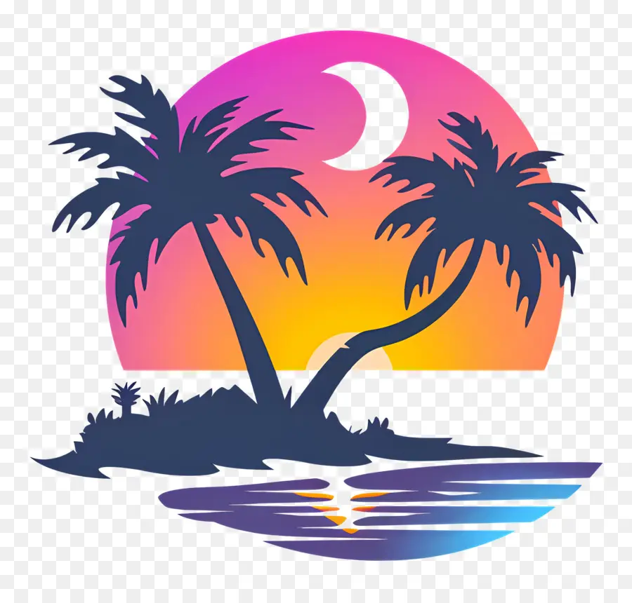 Logo De Plage，Île Au Coucher Du Soleil PNG