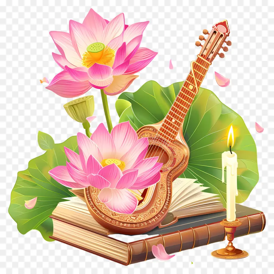 Saraswathi Puja，Guitare Et Lotus PNG