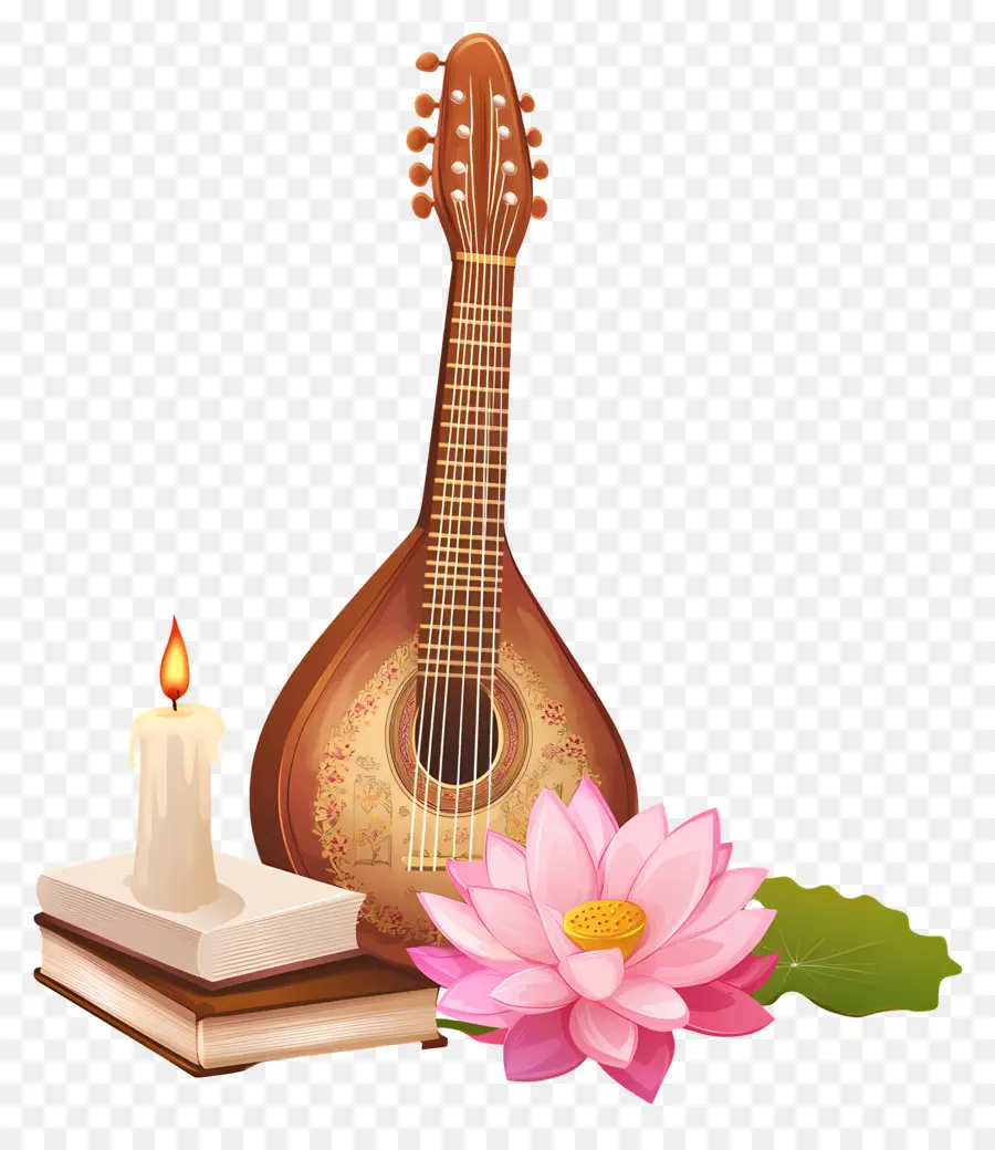 Saraswathi Puja，Guitare Et Lotus PNG