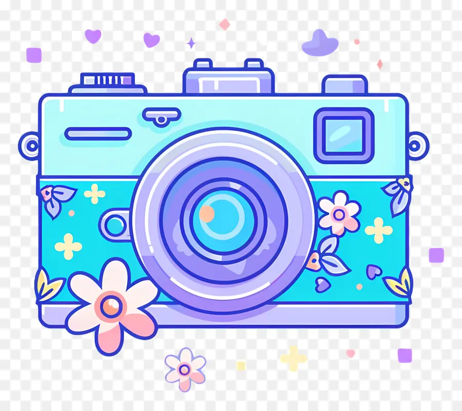 Caméra De Dessin Animé，Appareil Photo Avec Des Fleurs PNG