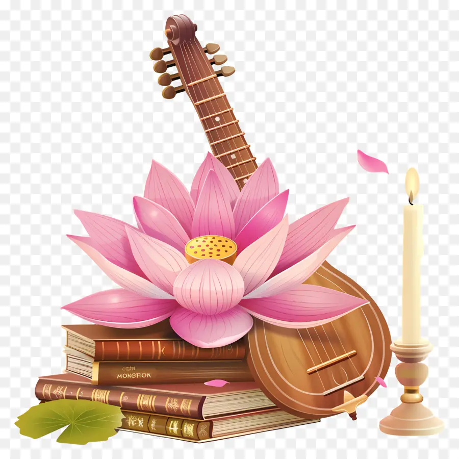 Saraswathi Puja，Guitare Et Lotus PNG