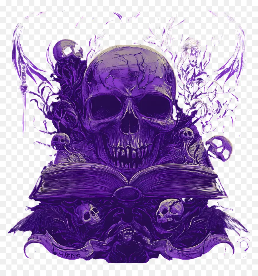 éléments D'halloween，Crâne Violet Avec Livre PNG