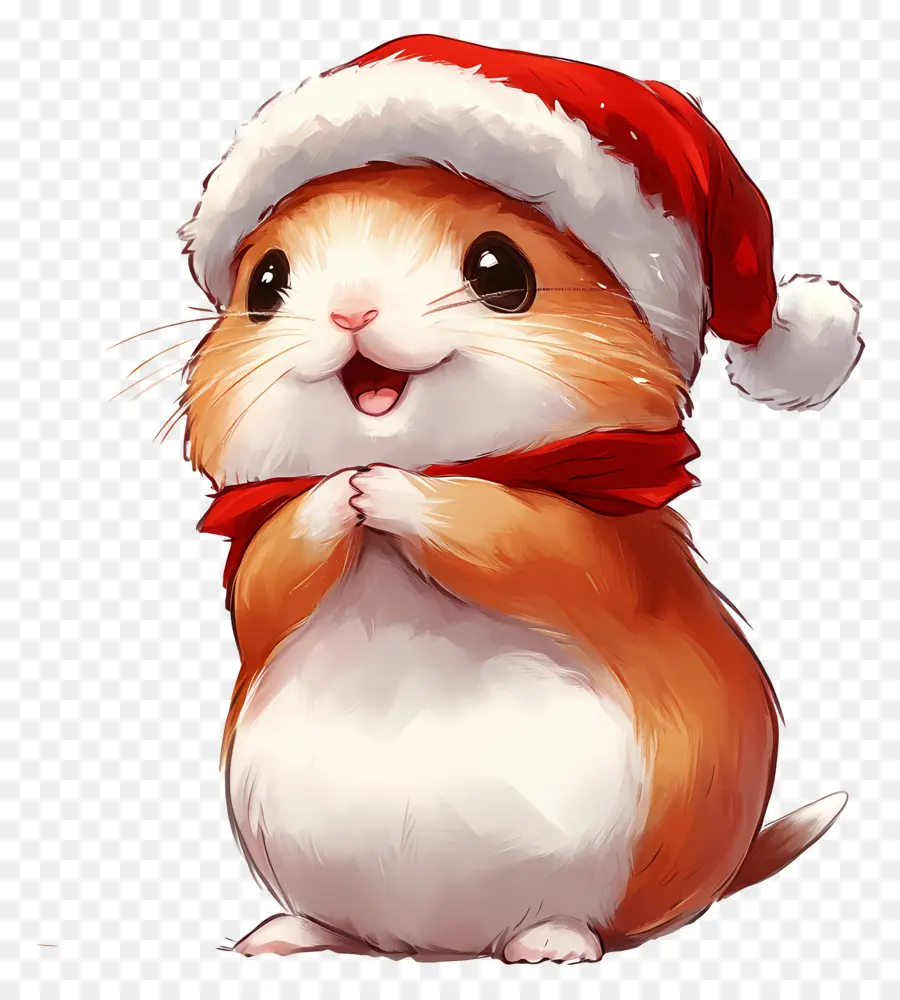 Hamster De Noël，Hamster Heureux Avec Chapeau De Père Noël PNG