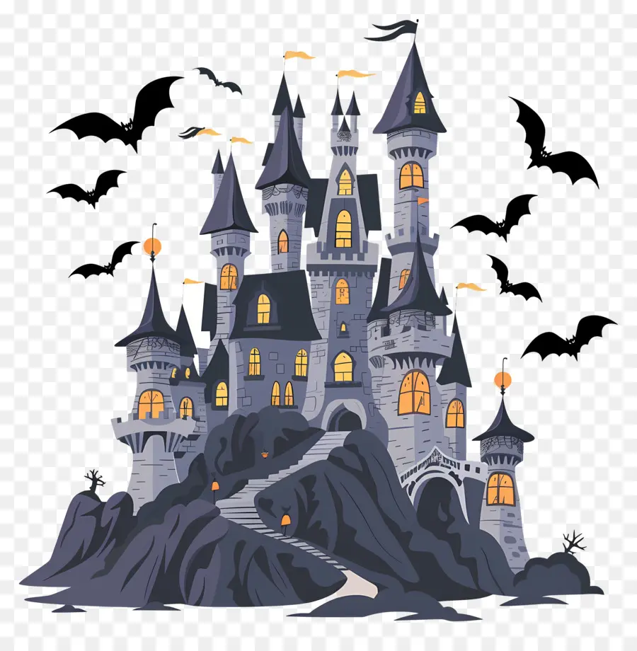 Château Disney D'halloween，Château Hanté Avec Des Chauves Souris PNG