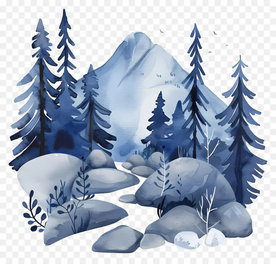 Montagne Aquarelle，Arbres Bleus PNG