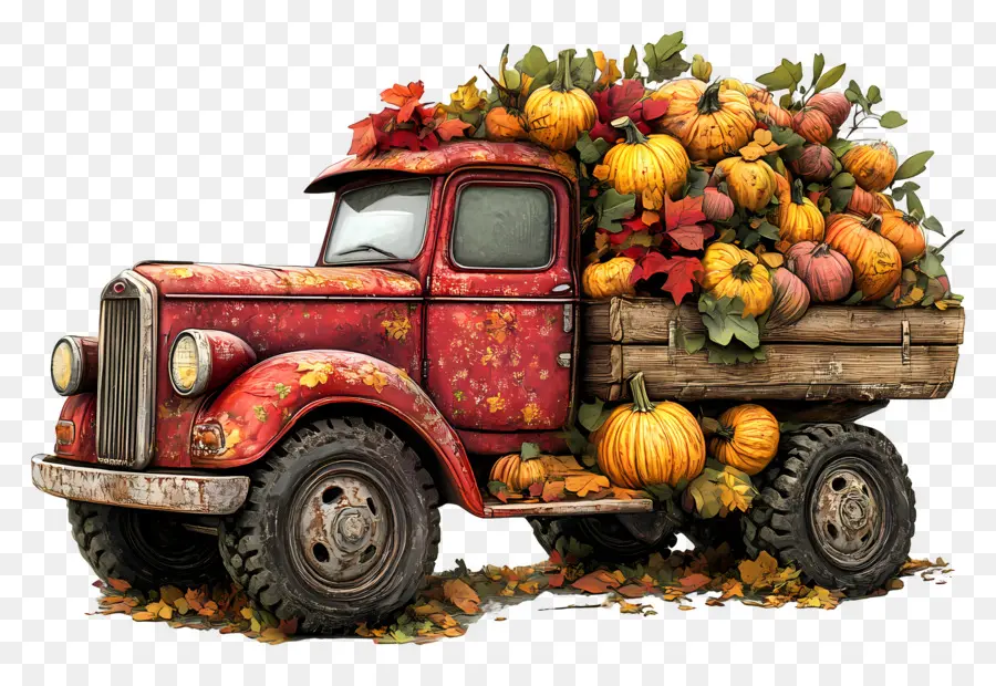 Camion D'automne，Camion Vintage Avec Des Citrouilles PNG