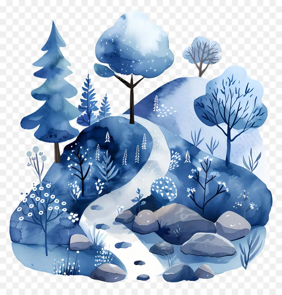 Montagne Aquarelle，Arbres Bleus PNG