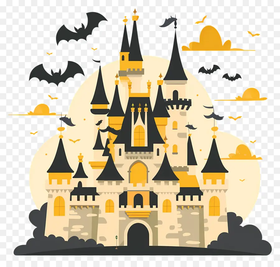 Château Disney D'halloween，Château Hanté Avec Des Chauves Souris PNG