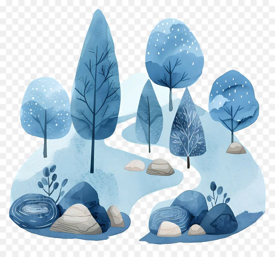 Montagne Aquarelle，Arbres Bleus PNG