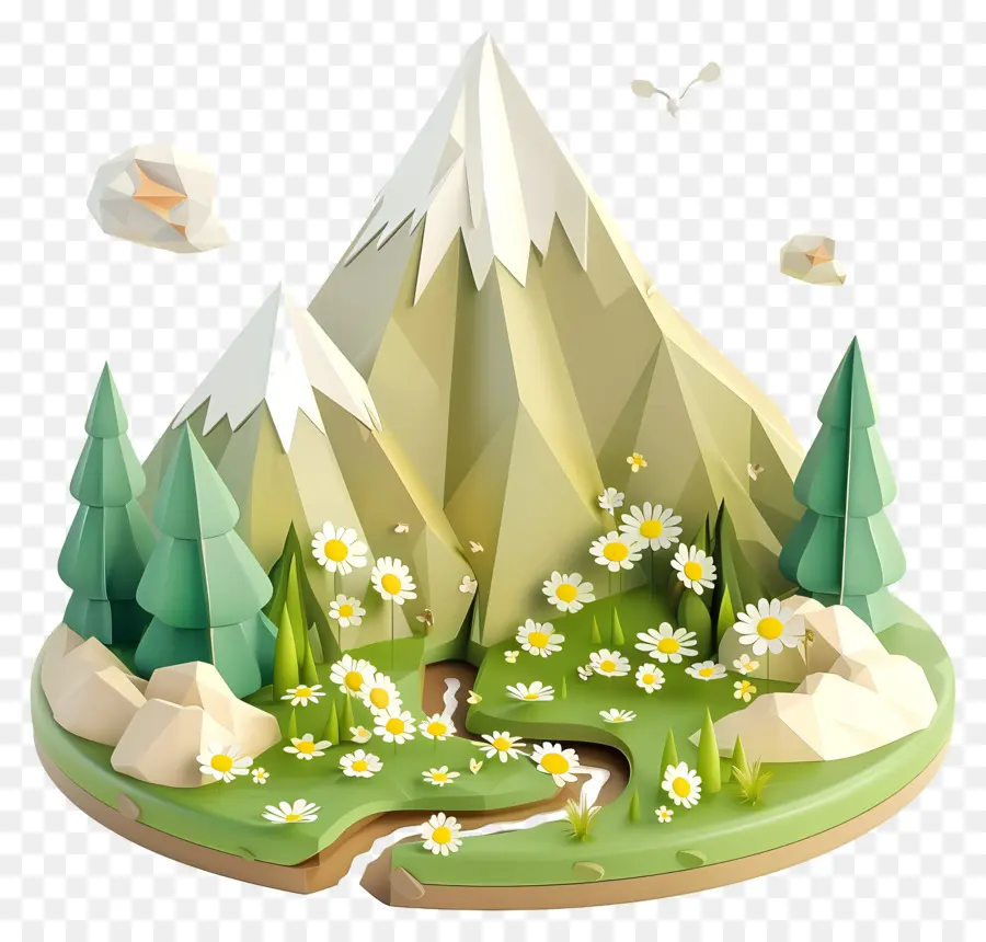 Montagne De Dessin Animé，Montagne Avec Des Fleurs PNG