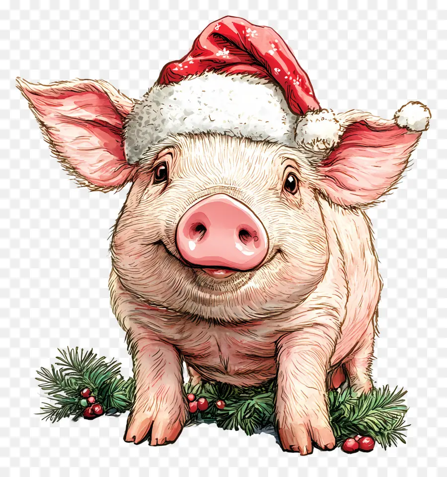 Cochon De Noël，Cochon Avec Chapeau De Père Noël PNG