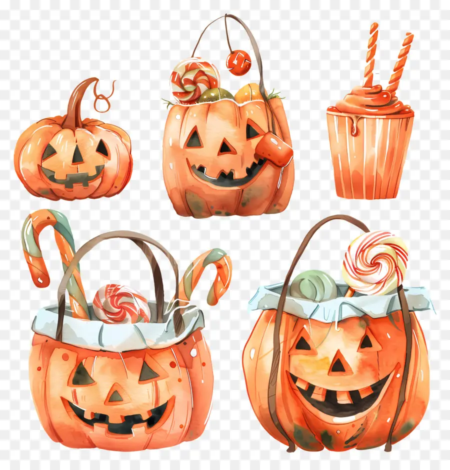 Panier D'halloween，Seaux De Citrouille PNG