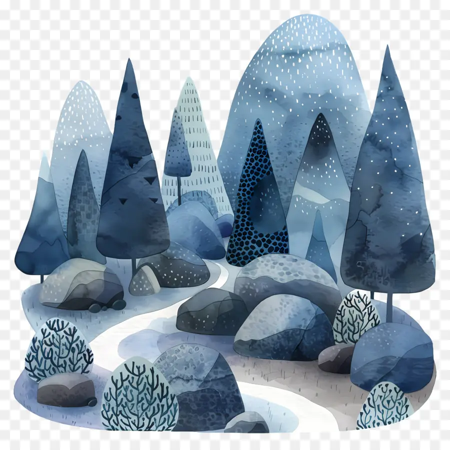 Montagne Aquarelle，Arbres Bleus PNG