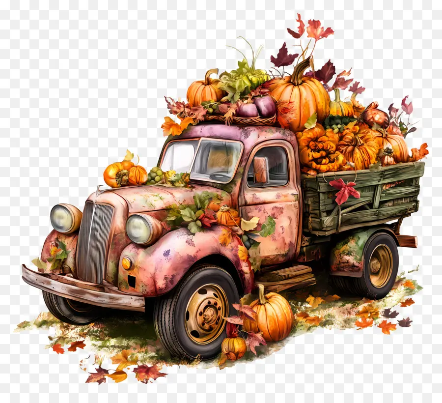 Camion D'automne，Camion Vintage Avec Des Citrouilles PNG