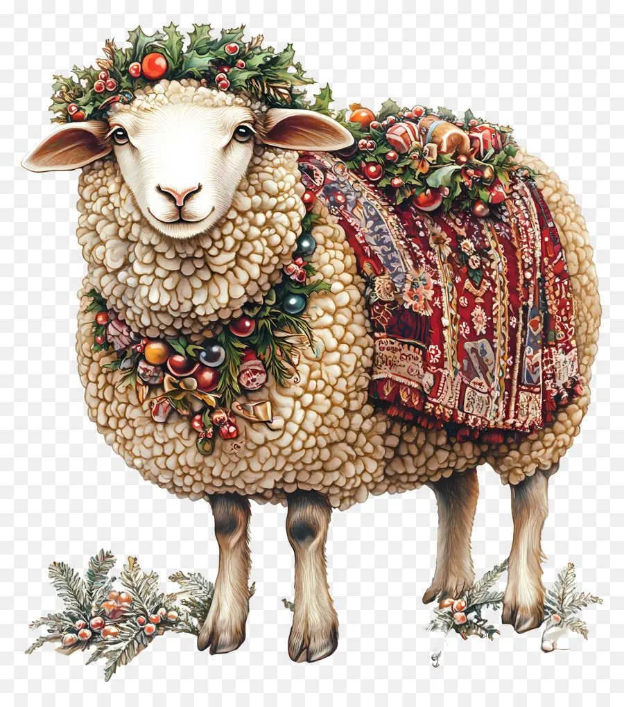 Mouton De Noël，Moutons Avec Couronne De Houx PNG