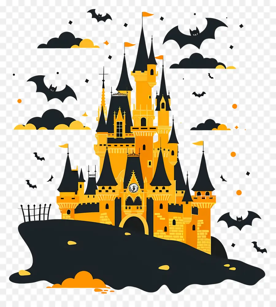 Château Disney D'halloween，Château Hanté Avec Des Chauves Souris PNG