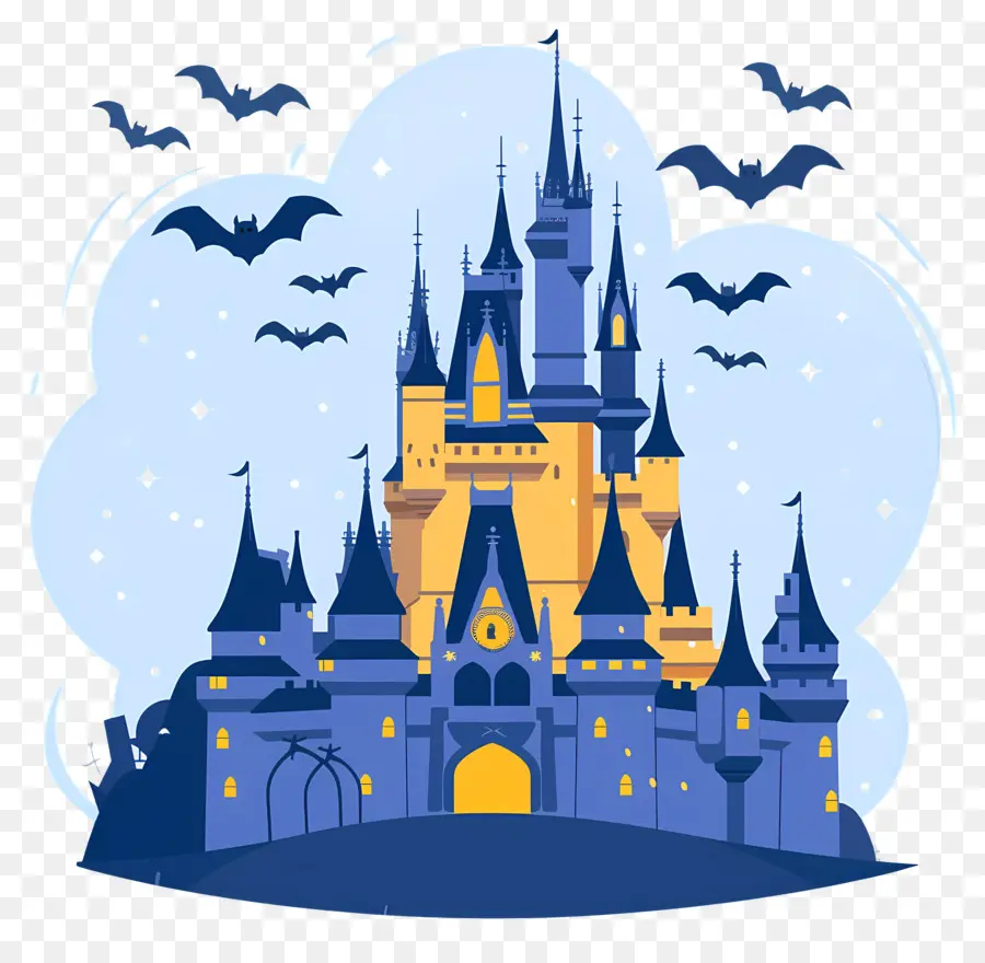 Château Disney D'halloween，Château Hanté Avec Des Chauves Souris PNG