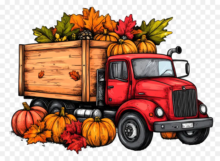 Camion D'automne，Camion Rouge Avec Des Citrouilles PNG