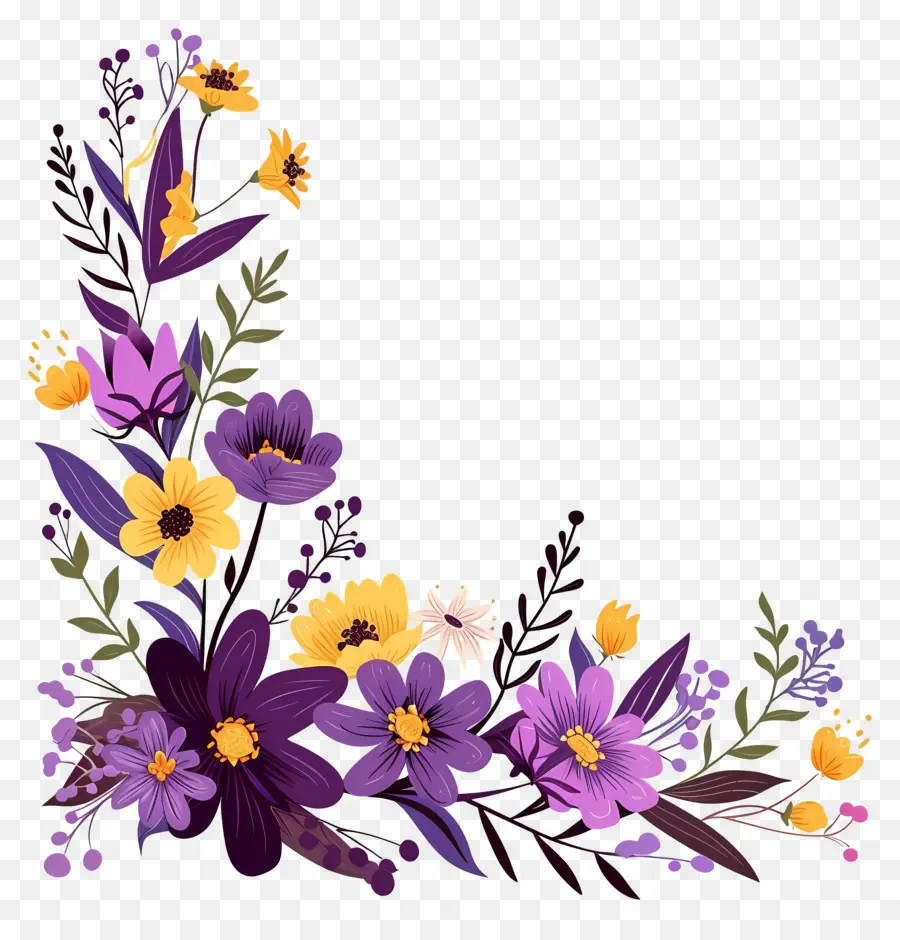 Le Coin Des Fleurs，Composition Florale Violette Et Jaune PNG