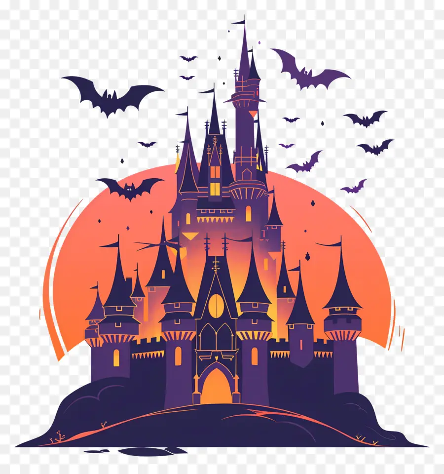 Château Disney D'halloween，Château Hanté Avec Des Chauves Souris PNG