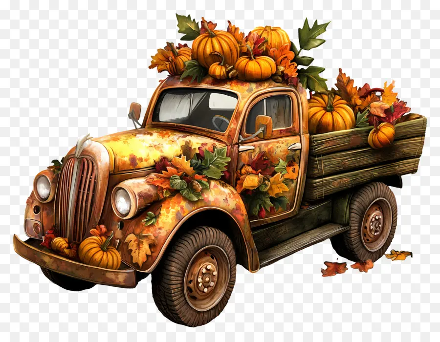 Camion D'automne，Camion Vintage Avec Des Citrouilles PNG