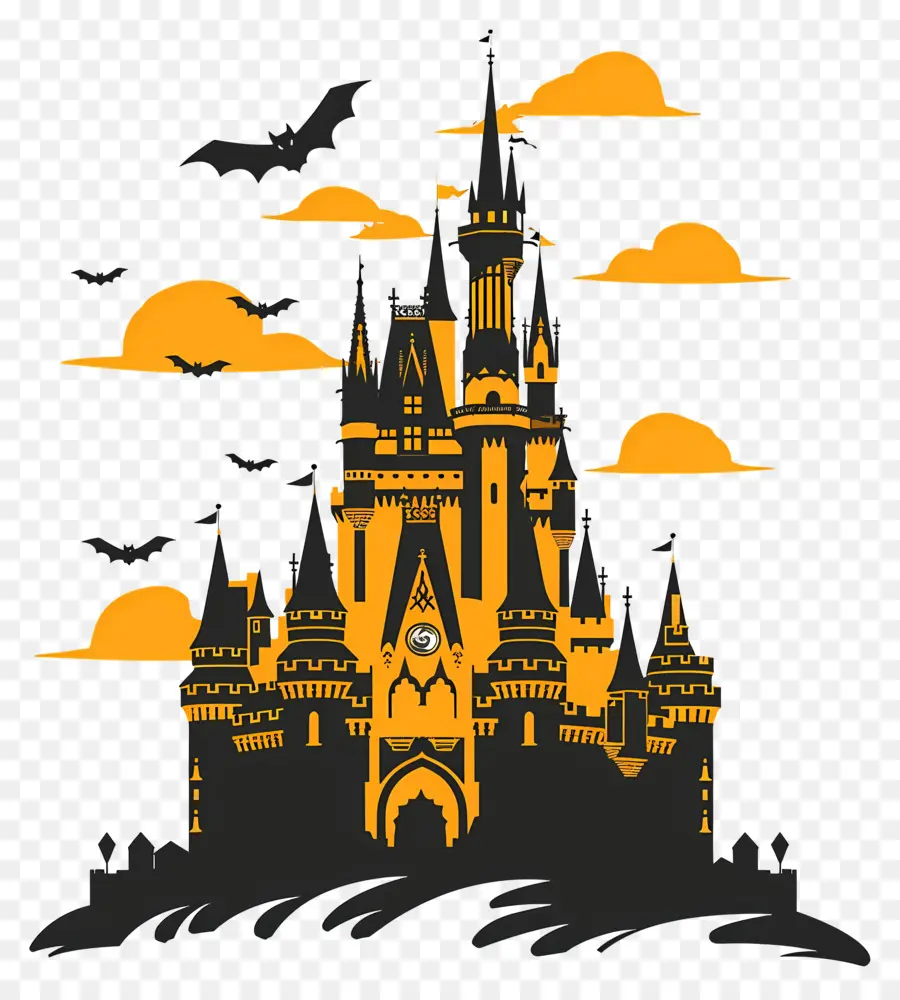 Château Disney D'halloween，Château Hanté Avec Des Chauves Souris PNG