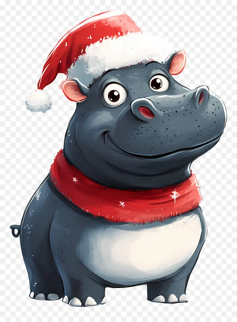 Hippopotame De Noël，Hippopotame De Dessin Animé Avec Bonnet De Noel PNG