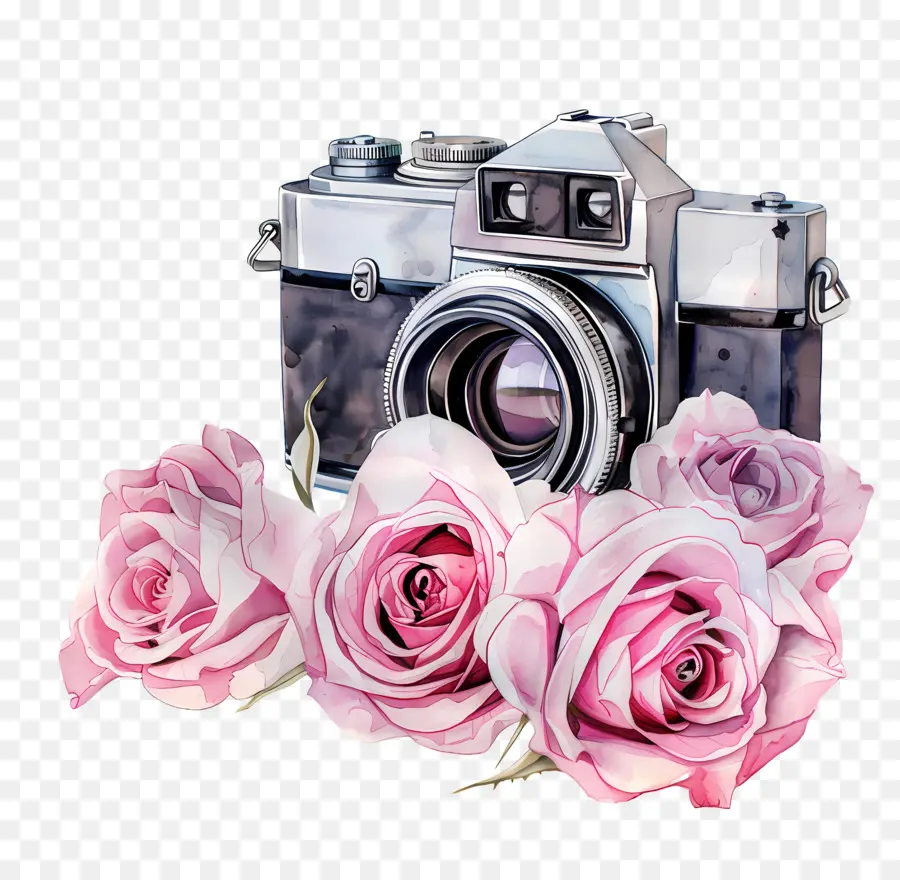 Appareil Photo Aquarelle，Appareil Photo Avec Des Roses PNG