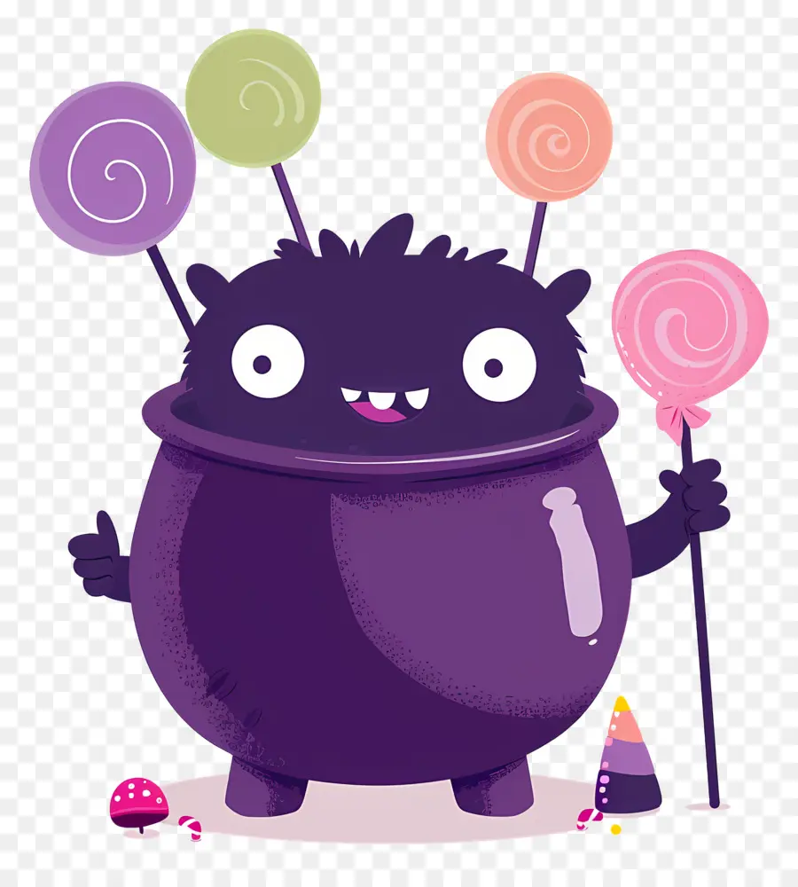 Bonbons D'halloween，Monstre Violet Avec Des Sucettes PNG