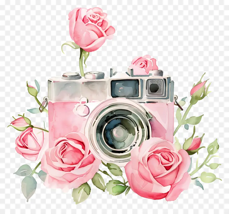 Appareil Photo Aquarelle，Appareil Photo Avec Des Roses PNG