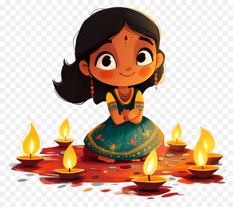 Deepavali，Fille Avec Des Lampes PNG