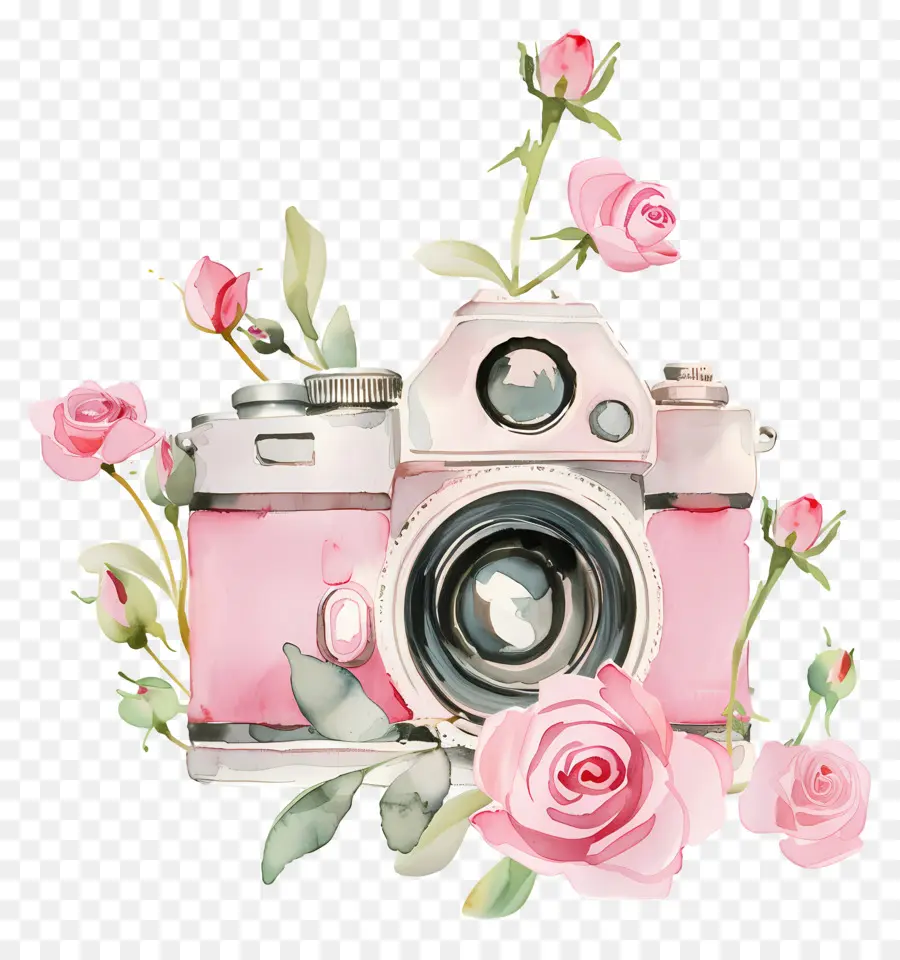 Appareil Photo Aquarelle，Appareil Photo Avec Des Roses PNG