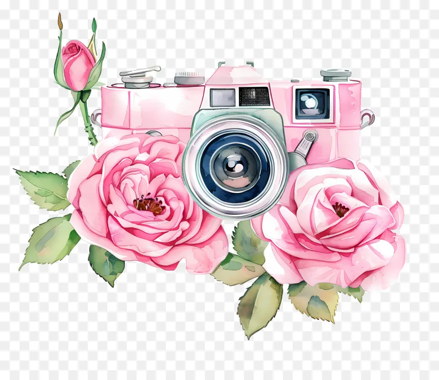 Appareil Photo Aquarelle，Appareil Photo Avec Des Roses PNG