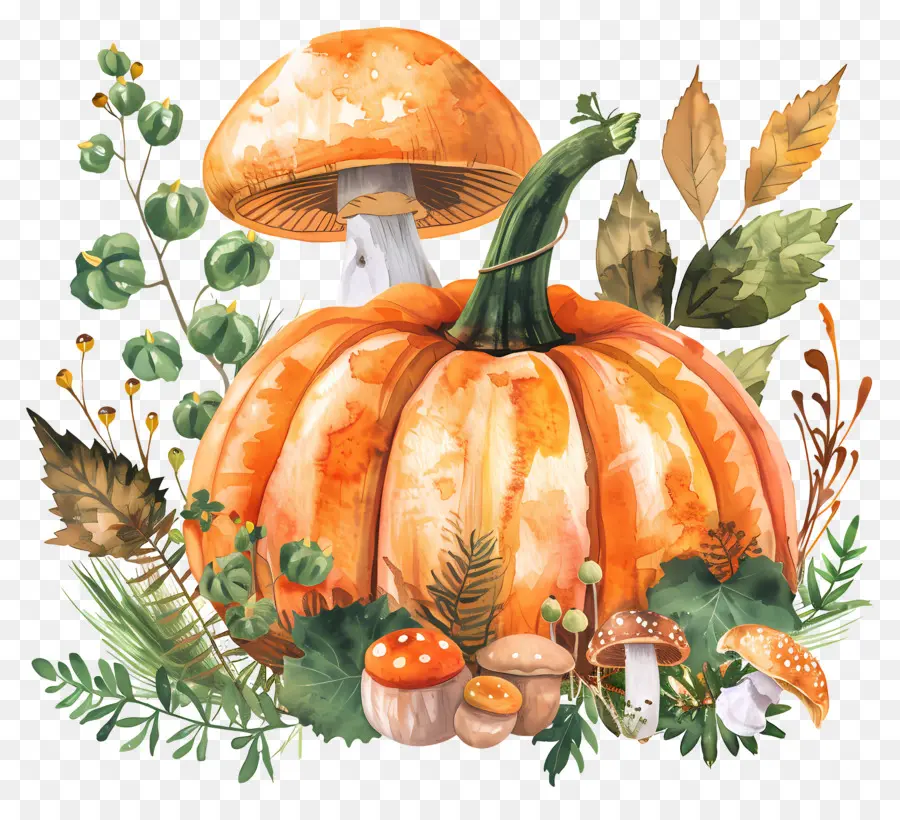 Citrouille Aquarelle，Citrouille Et Champignons PNG