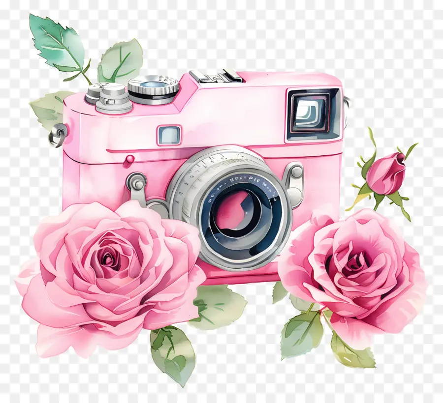 Appareil Photo Aquarelle，Appareil Photo Avec Des Roses PNG