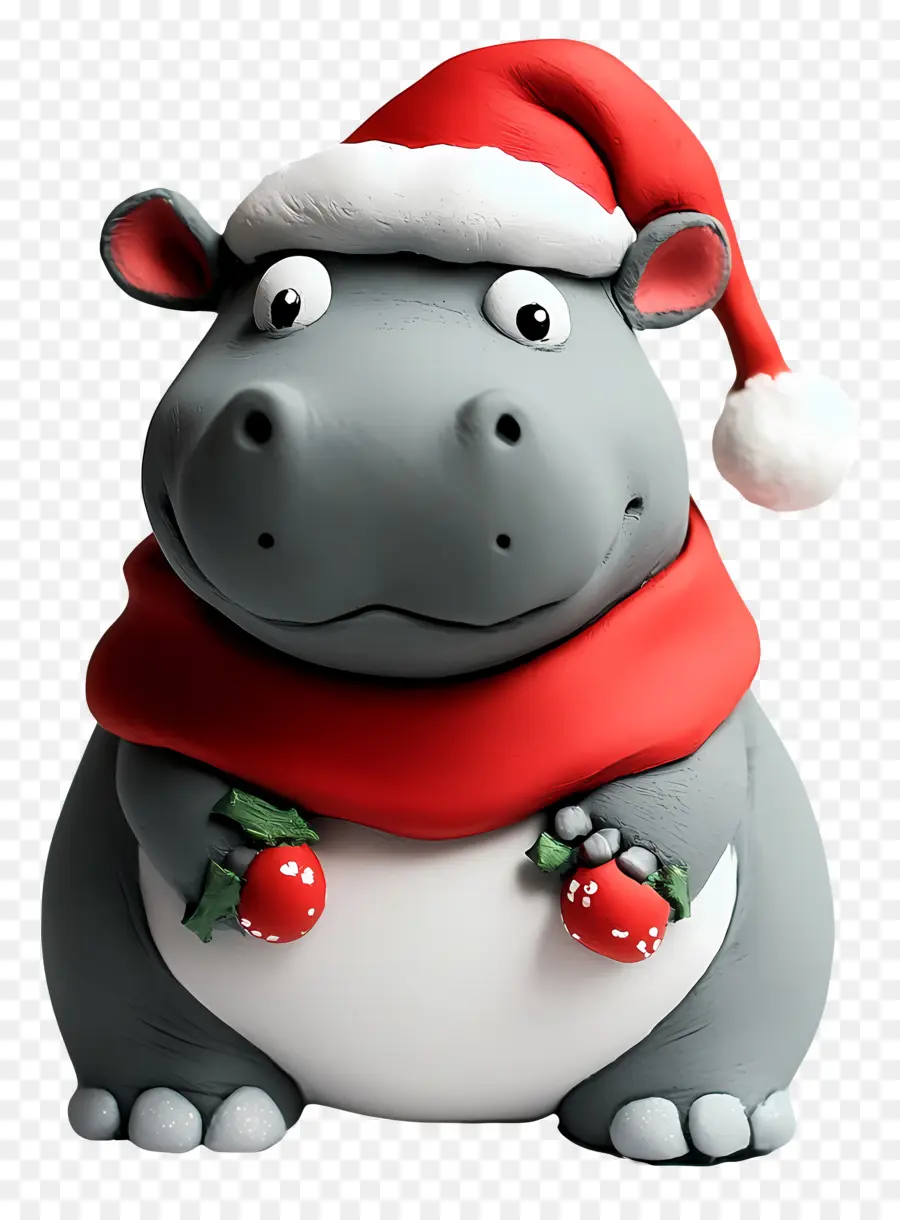 Hippopotame De Noël，Hippopotame En Argile Avec Bonnet De Noel PNG