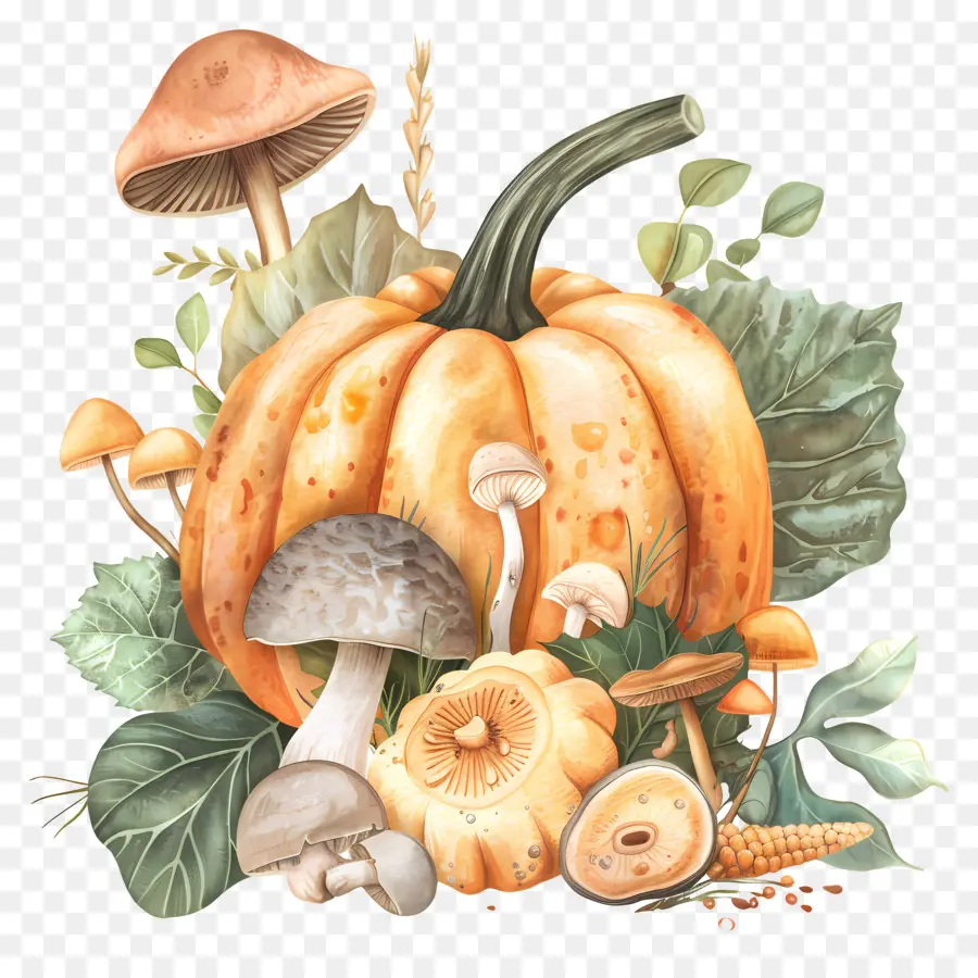 Citrouille Aquarelle，Citrouille Et Champignons PNG