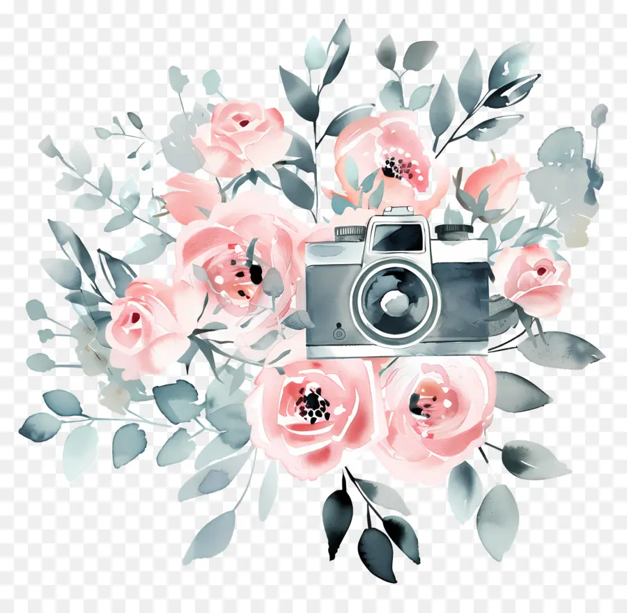 Appareil Photo Aquarelle，Appareil Photo Avec Des Fleurs Roses PNG