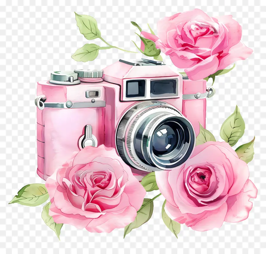 Appareil Photo Aquarelle，Appareil Photo Avec Des Roses PNG