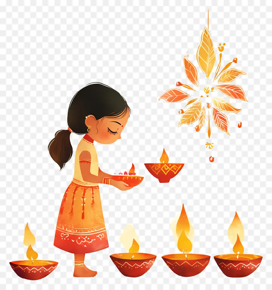 Deepavali，Fille Avec Des Diyas PNG