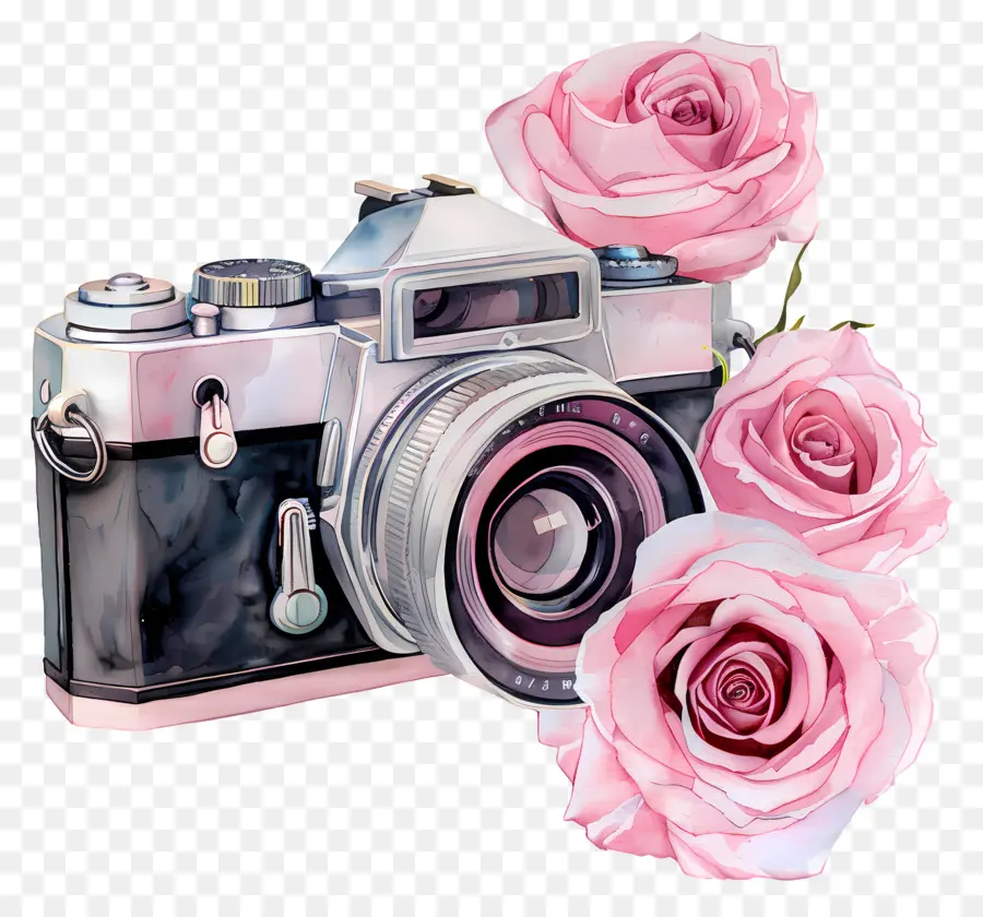 Appareil Photo Aquarelle，Appareil Photo Vintage Avec Des Roses PNG