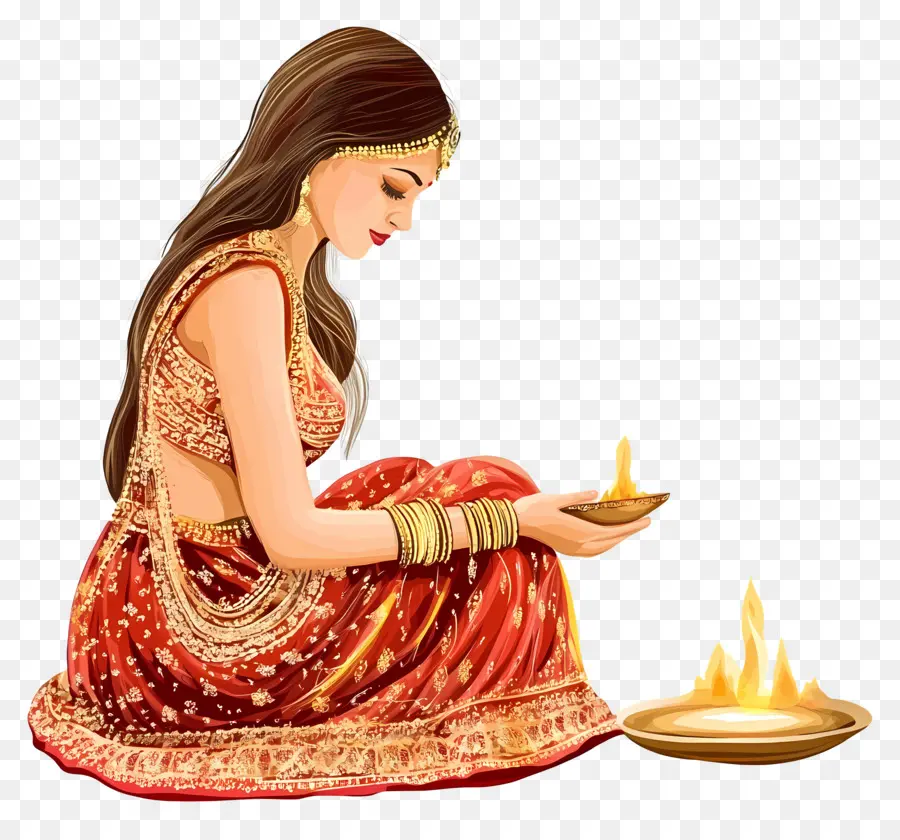 Karva Chauth，Femme Avec Diya PNG