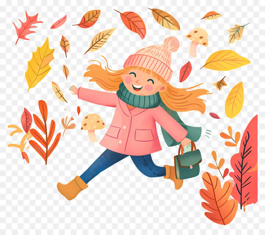 Fond D'automne，Fille Avec Sac Et Feuilles PNG