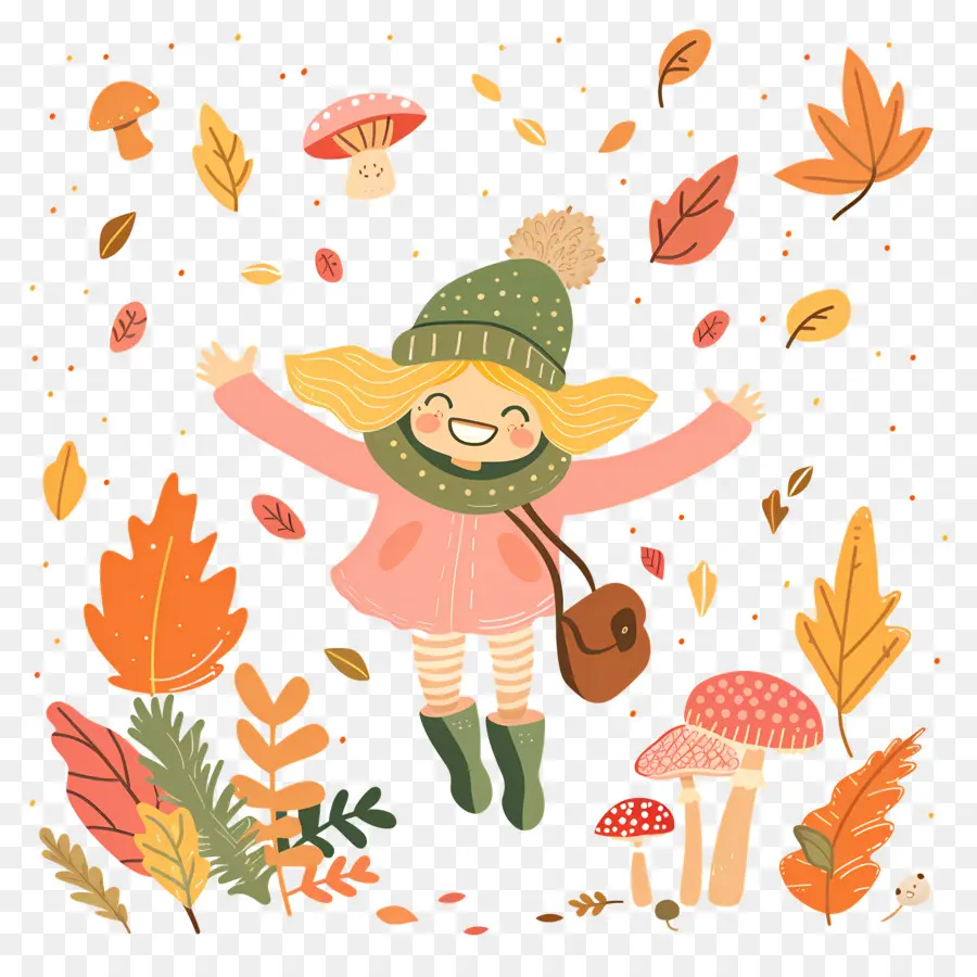 Fond D'automne，Fille Sautant Avec Des Feuilles PNG