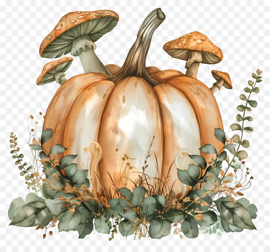 Citrouille Aquarelle，Citrouille Et Champignons PNG