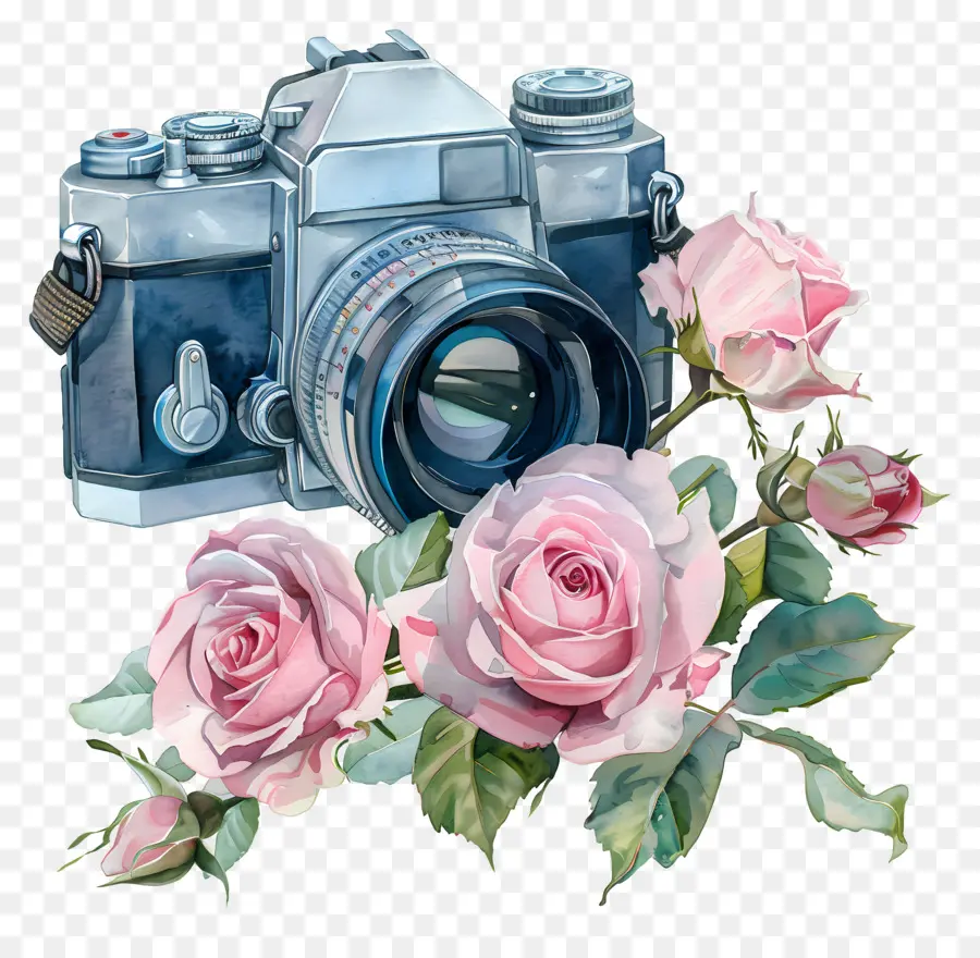 Appareil Photo Aquarelle，Appareil Photo Vintage Avec Des Roses PNG