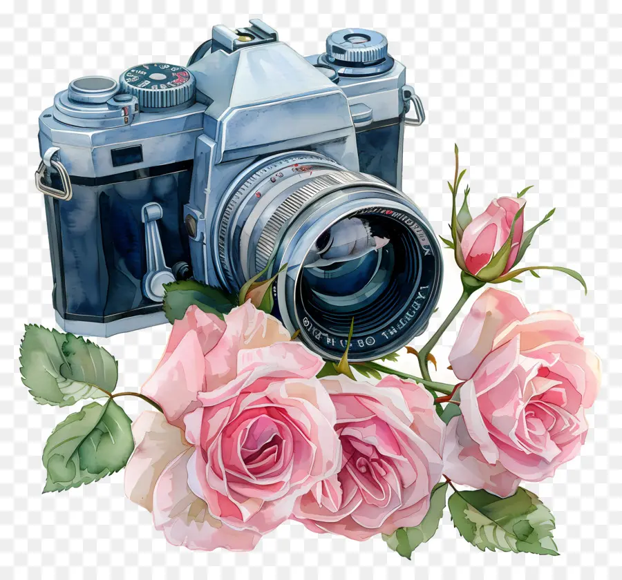 Appareil Photo Aquarelle，Appareil Photo Vintage Avec Des Roses PNG